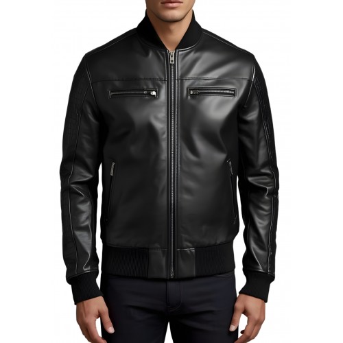 Blouson homme en cuir d'agneau noir dessus de manches agneau impression crocodile modèle Mentore