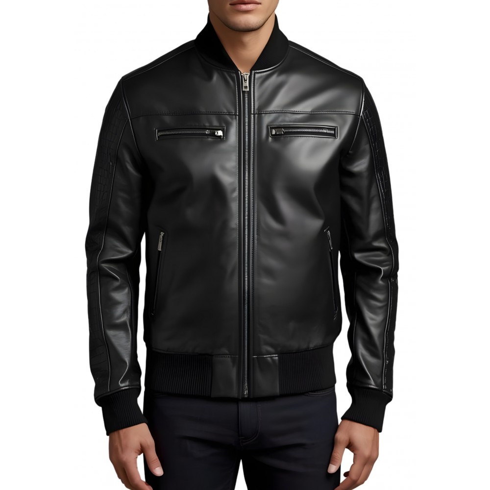 Blouson homme en cuir d'agneau noir dessus de manches agneau impression crocodile modèle Mentore