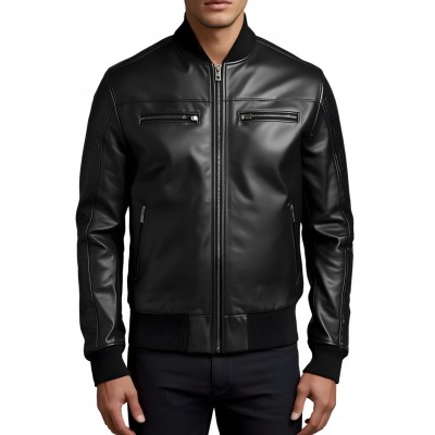 Blouson homme en cuir d'agneau noir dessus de manches agneau impression crocodile modèle Mentore