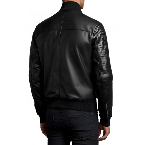 Blouson homme en cuir d'agneau noir dessus de manches agneau impression crocodile modèle Mentore