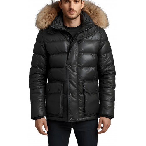 Trois quart doudoune homme à capuche agneau noir capuche bords renard véritable naturel modèle Amaury