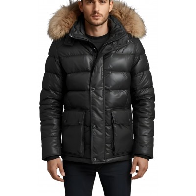 Trois quart doudoune homme à capuche agneau noir capuche bords renard véritable naturel modèle Amaury