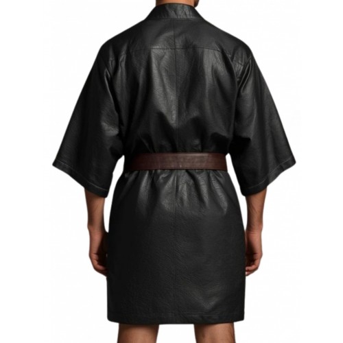Kimono homme en cuir d'agneau noir avec ceinture en cuir d'agneau marron amovible modèle Prismy