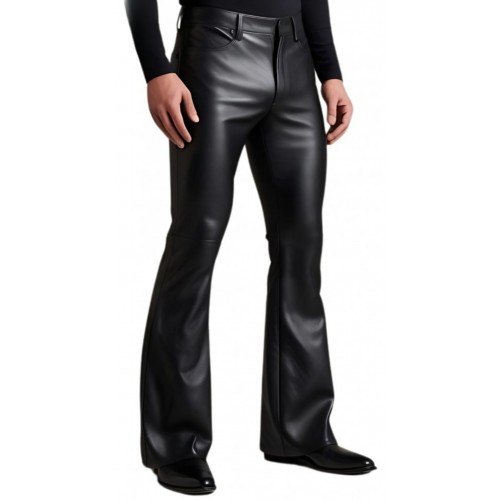 Pantalon en cuir homme coupe jeans évasée cuir agneau noir modèle Brasso