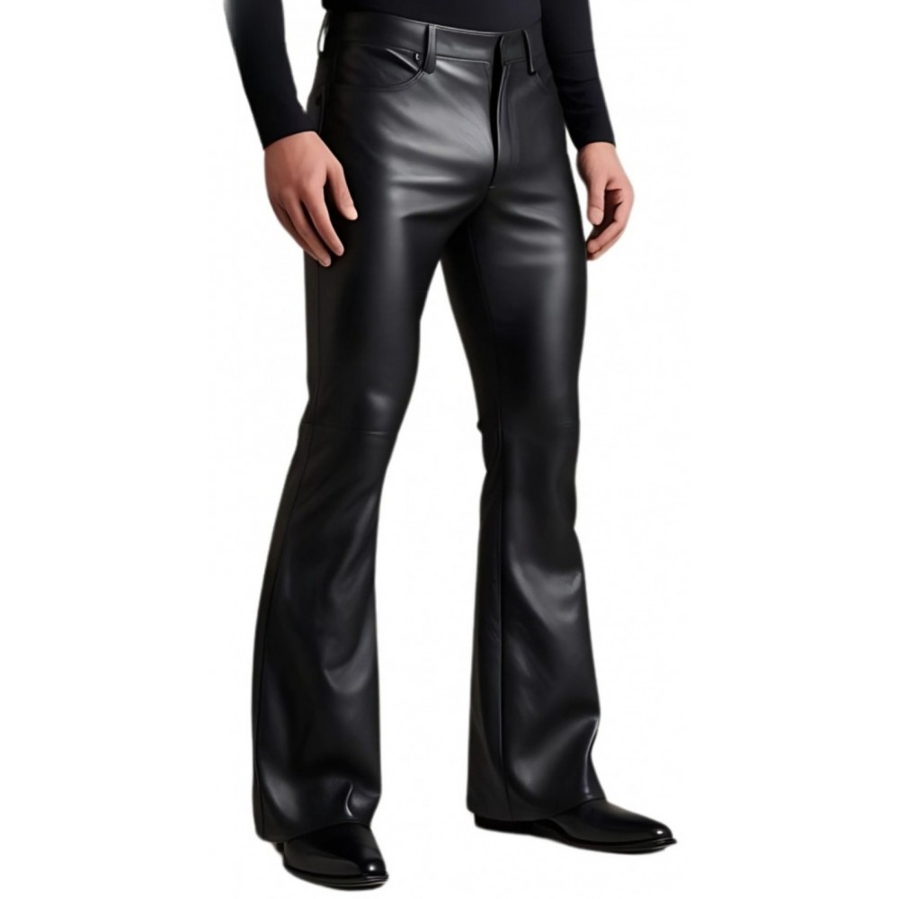 Pantalon en cuir homme coupe jeans évasée cuir agneau noir modèle Brasso