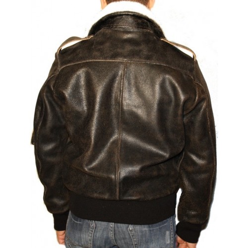 Blouson fly jacket en vachette marron vieilli et col en mouton amovible modèle Filipe