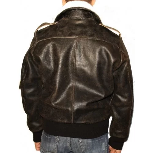 Blouson fly jacket en vachette marron vieilli et col en mouton amovible modèle Filipe