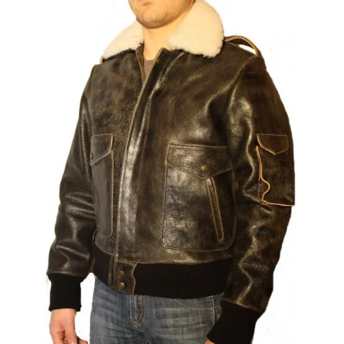 Blouson fly jacket en vachette marron vieilli et col en mouton amovible modèle Filipe