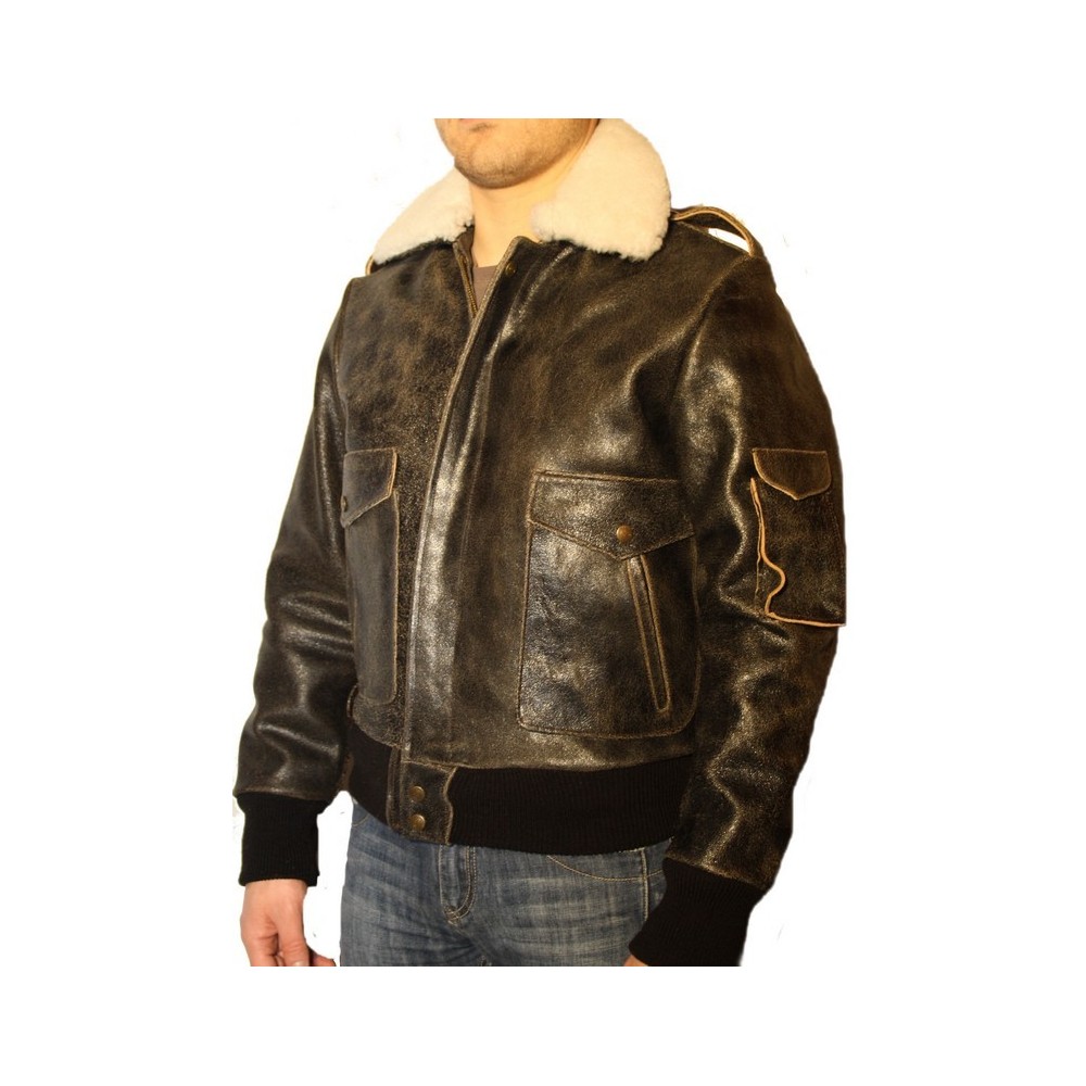 Blouson fly jacket en vachette marron vieilli et col en mouton amovible modèle Filipe