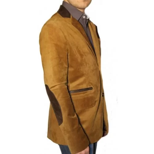 Blazer modèle Lao en agneau velours gold et coudières cuir agneau marron