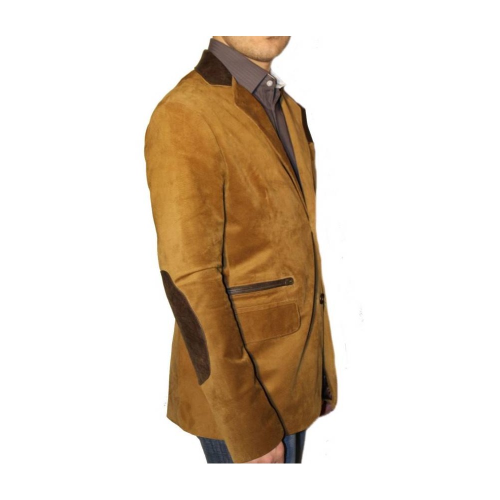 Blazer modèle Lao en agneau velours gold et coudières cuir agneau marron