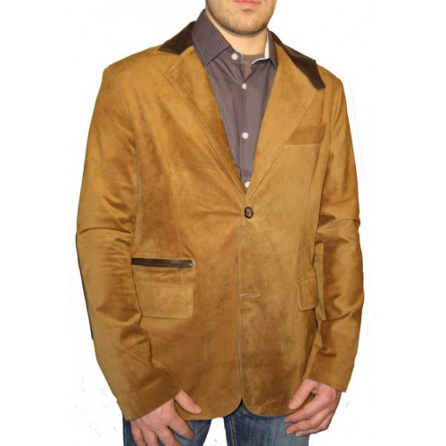 Blazer modèle Lao en agneau velours gold et coudières cuir agneau marron