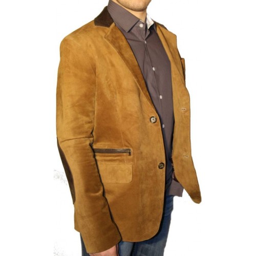 Blazer modèle Lao en agneau velours gold et coudières cuir agneau marron