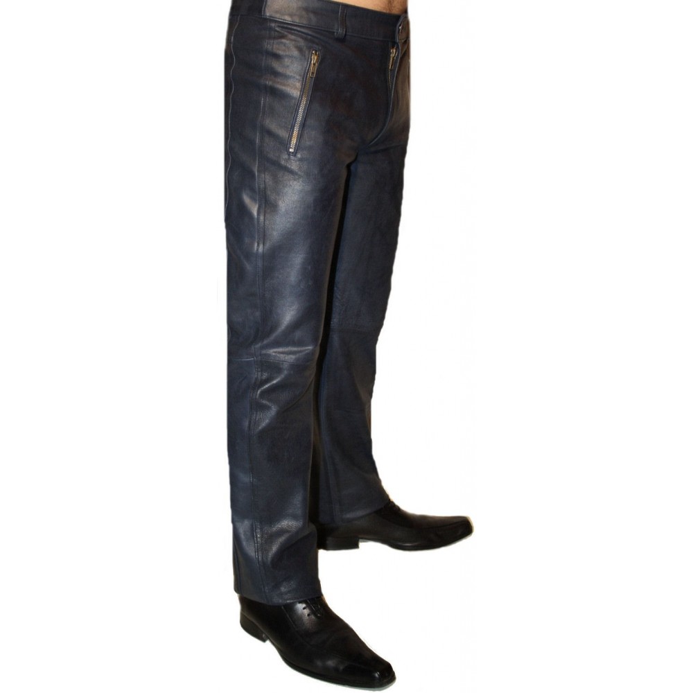 Pantalon cuir homme modèle Steeve en agneau vintage bleu