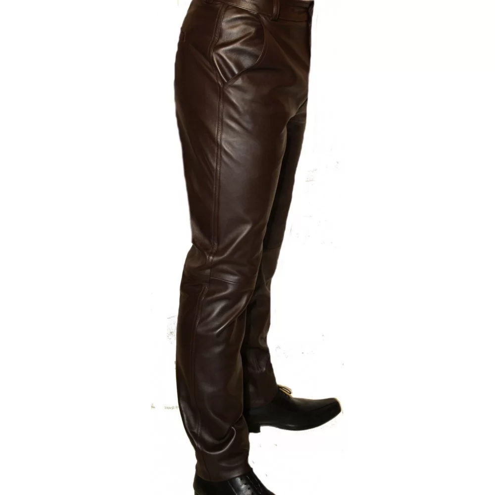 pantalon homme cuir agneau waxy marron modèle Trade sur mesure et