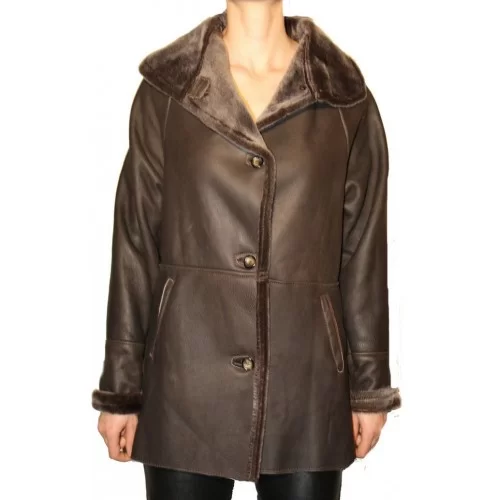 Veste trois quart femme en mouton retourné marron poils courts à l'intèrieur modèle Lys