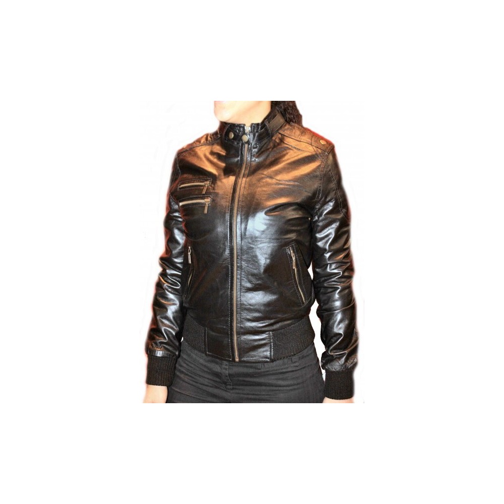 Blouson en cuir d'agneau noir modèle Ode