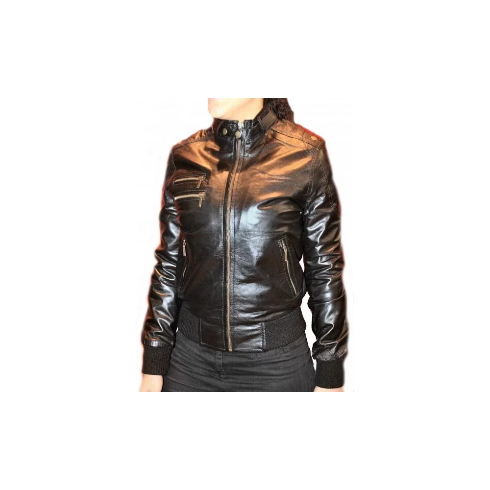 Blouson en cuir d'agneau noir modèle Ode