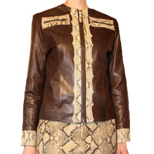 Blouson cuir modèle Fisila bimatière agneau marron vintage et python véritable