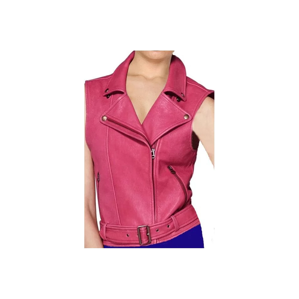 Gilet en cuir de vachette plongé rose modèle Bridget