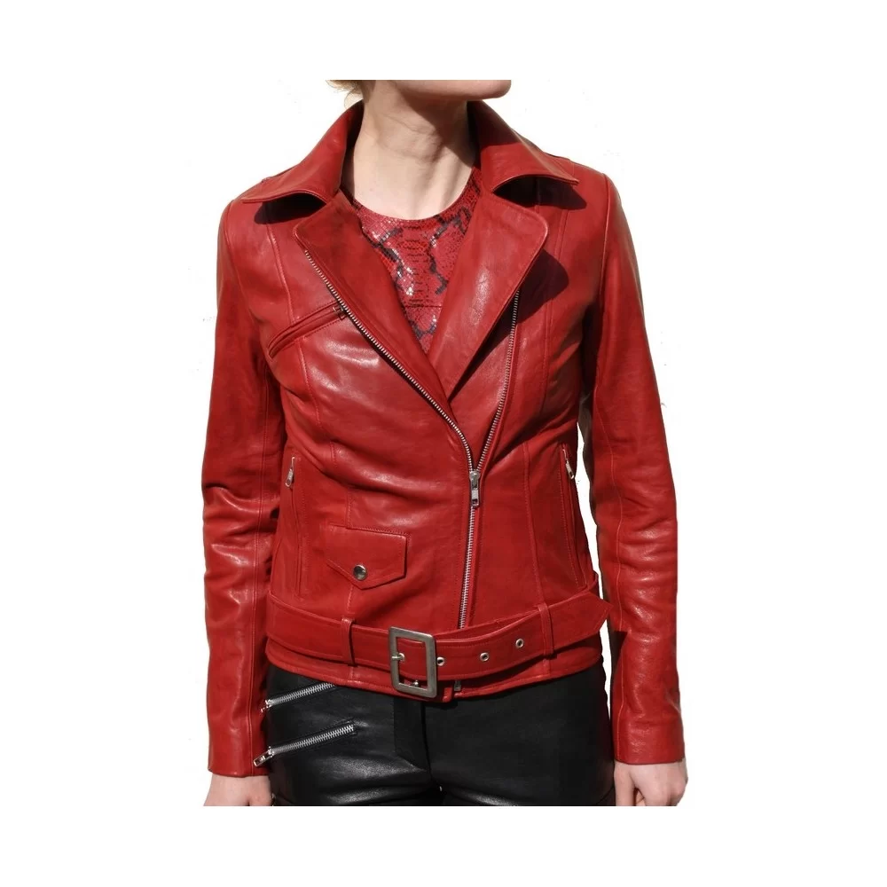 Blouson perfecto agneau aspect vieilli rouge modèle Amanda