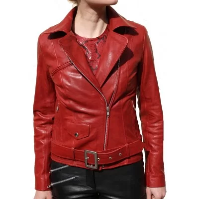 Blouson perfecto agneau aspect vieilli rouge modèle Amanda