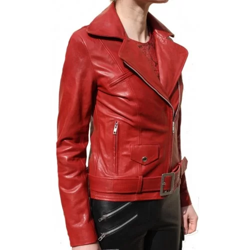 Blouson perfecto agneau aspect vieilli rouge modèle Amanda