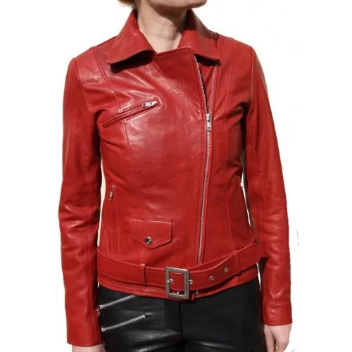 Blouson perfecto agneau aspect vieilli rouge modèle Amanda