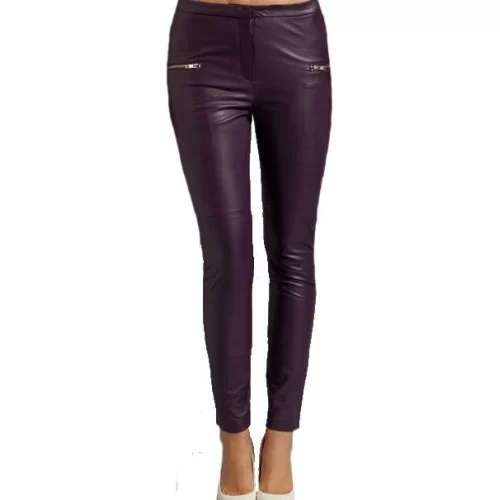 Pantalon femme en cuir stretch couleur prune modèle Marty