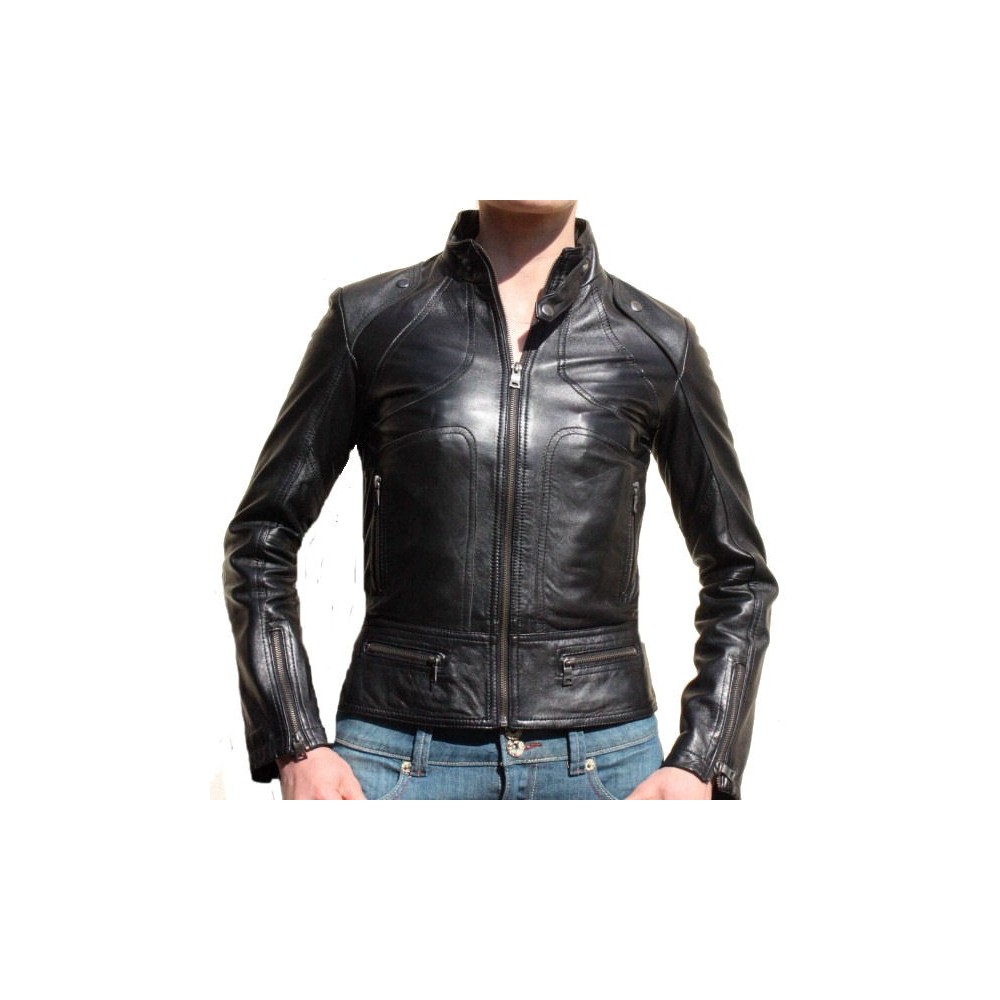 Blouson en cuir d'agneau couleur noire modèle Moly