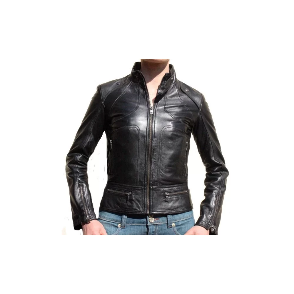 Blouson en cuir d'agneau couleur noire modèle Moly