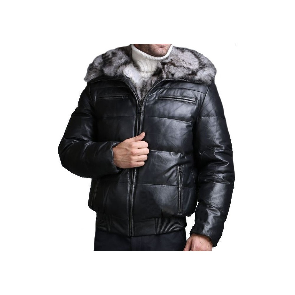 Blouson doudoune cuir agneau noir capuche intèrieure rex rabbit homme modèle Ceasar