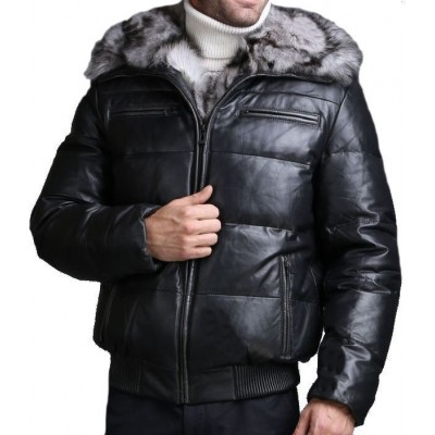 Blouson doudoune cuir agneau noir capuche intèrieure rex rabbit homme modèle Ceasar