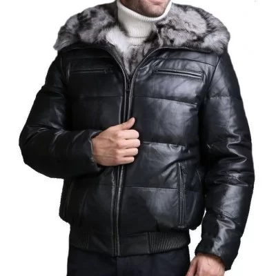 Blouson doudoune cuir agneau noir capuche intèrieure rex rabbit homme modèle Ceasar