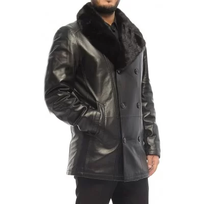 Trois quart peau lainée mouton retourné homme noir modèle croisé Barnet