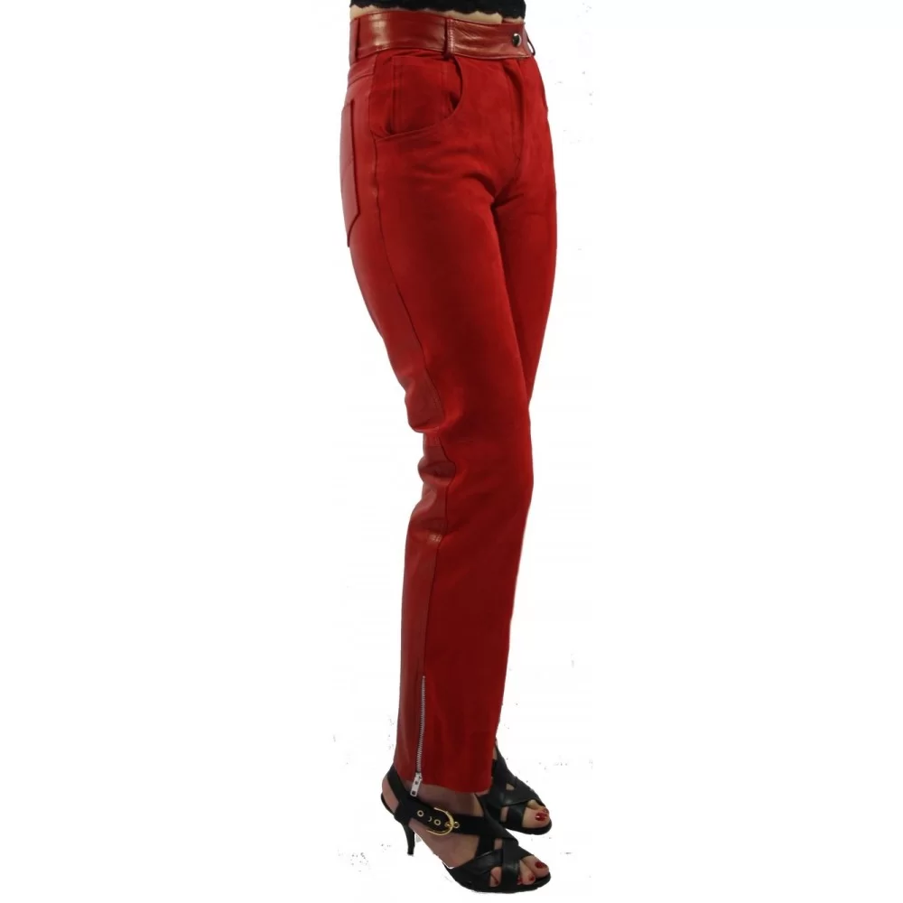 Pantalon bimatière en agneaux cuir et velours rouge modèle Bricia