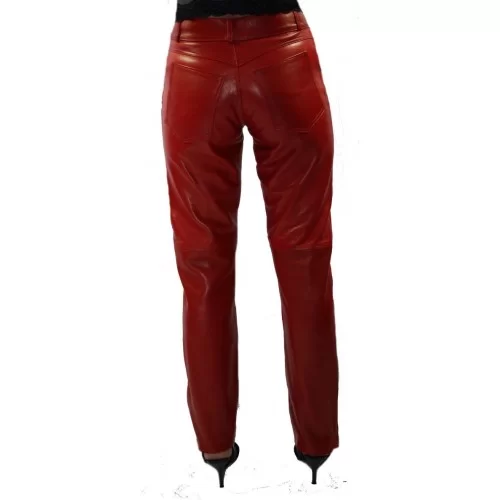 Pantalon bimatière en agneaux cuir et velours rouge modèle Bricia