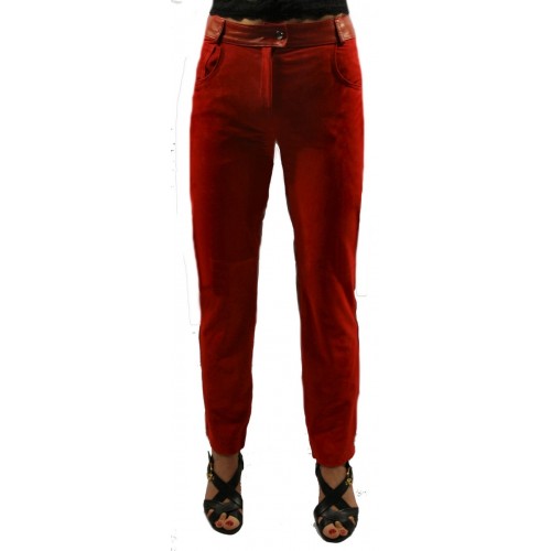 Pantalon bimatière en agneaux cuir et velours rouge modèle Bricia