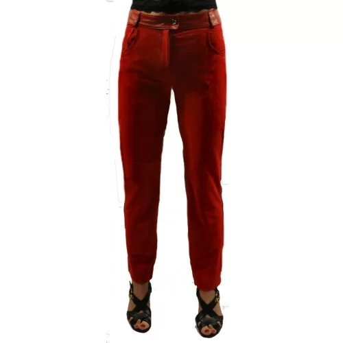 Pantalon bimatière en agneaux cuir et velours rouge modèle Bricia