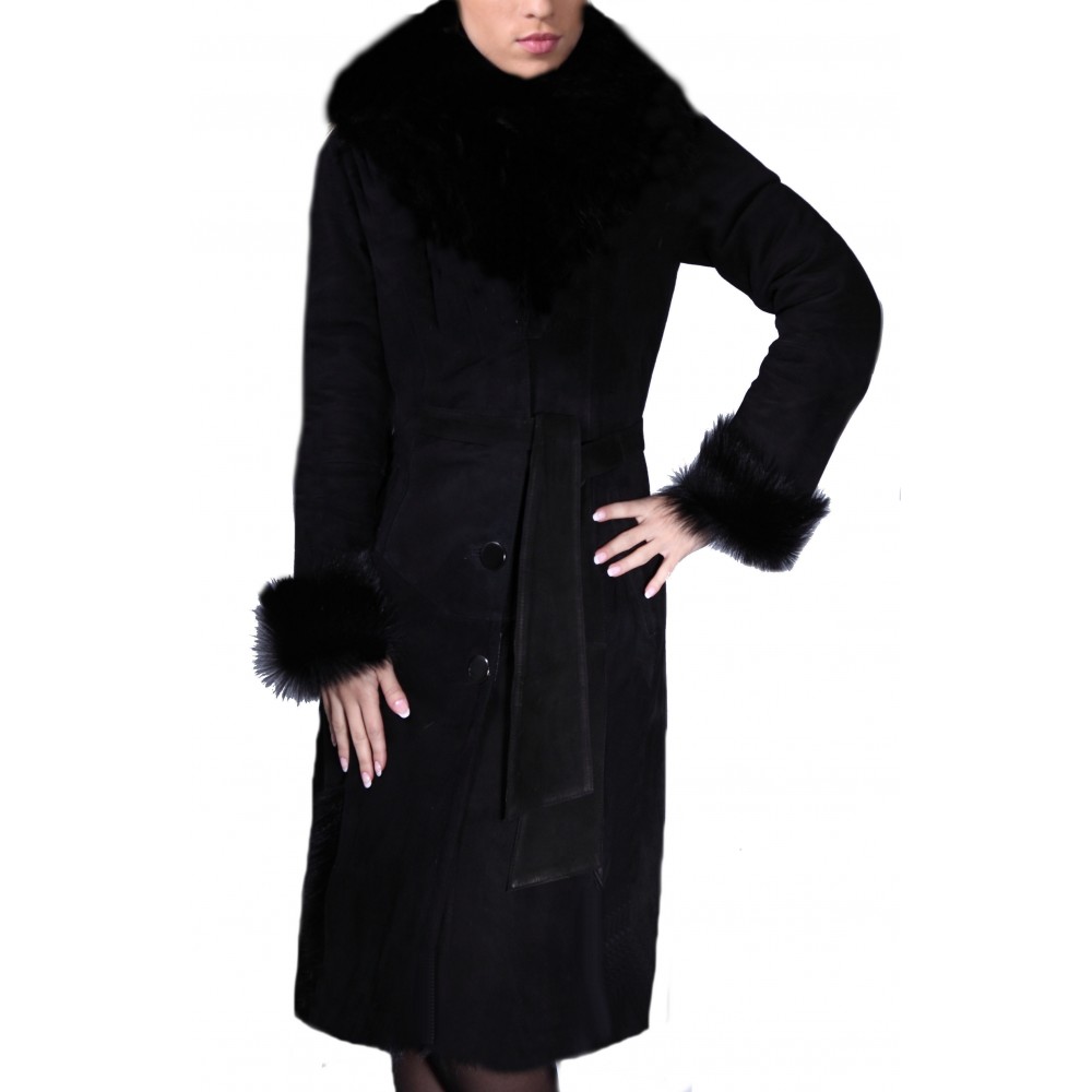 Manteau femme agneau de Toscane noir col renard  modèle Leora