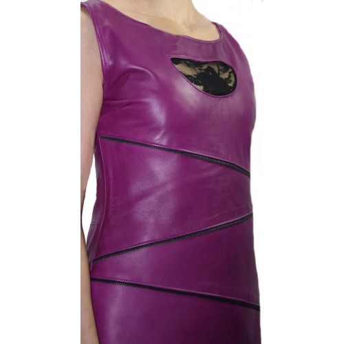 Robe cuir agneau violet avec mailles ferrmeture éclair et dentelle modèle Nivina