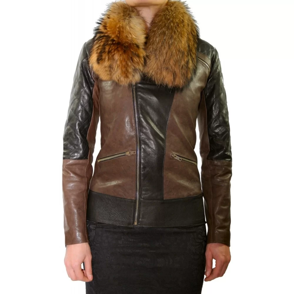 Blouson cuir agneaux vintage et col renard amovible modèle Derma