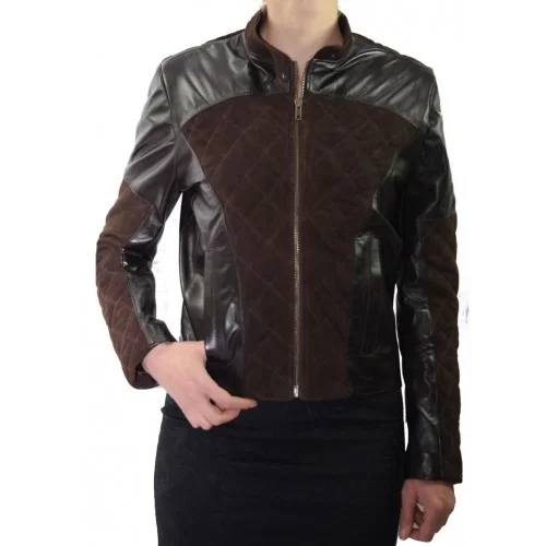 Blouson bimatière agneaux velours type daim et cuir marron chocolat modèle Iris