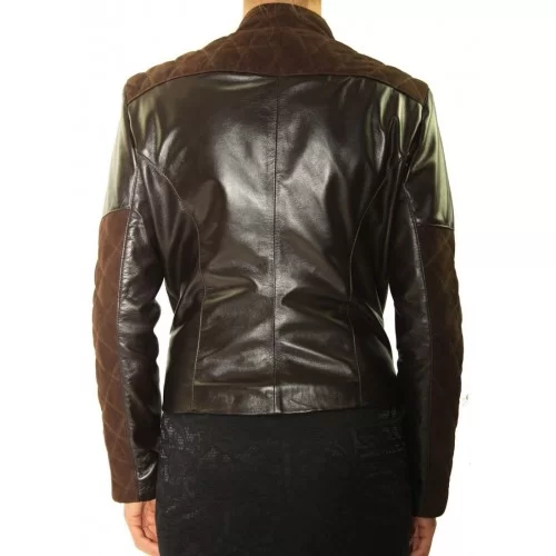 Blouson bimatière agneaux velours type daim et cuir marron chocolat modèle Iris