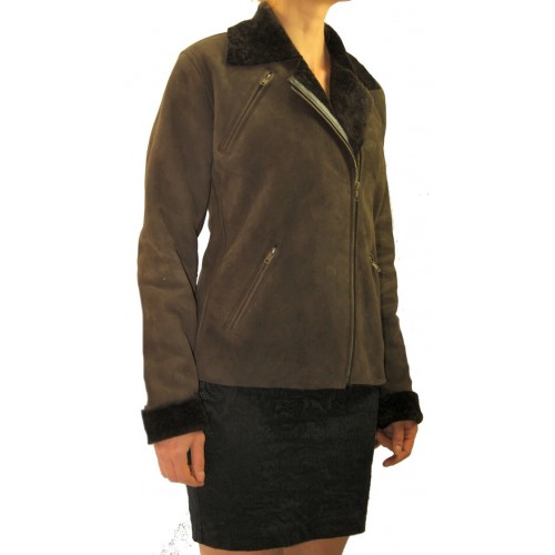 Blouson style perfecto femme en agneau de Toscane poils courts marron modèle Byanca