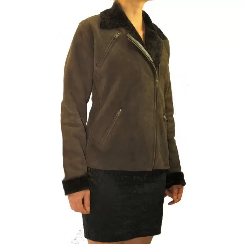 Blouson style perfecto femme en agneau de Toscane poils courts marron modèle Byanca