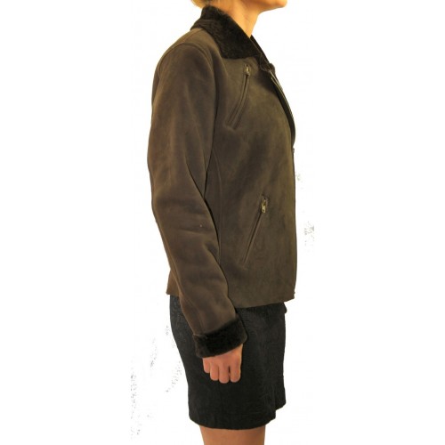 Blouson style perfecto femme en agneau de Toscane poils courts marron modèle Byanca
