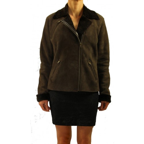 Blouson style perfecto femme en agneau de Toscane poils courts marron modèle Byanca
