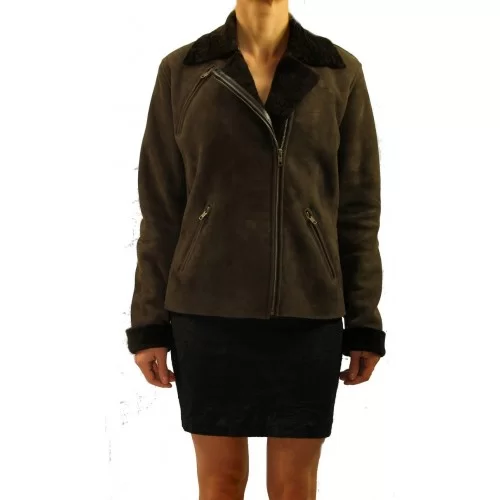 Blouson style perfecto femme en agneau de Toscane poils courts marron modèle Byanca