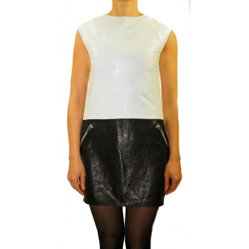 Robe eb cuir agneaux blanc et imprimé serpent noir modèle Natare